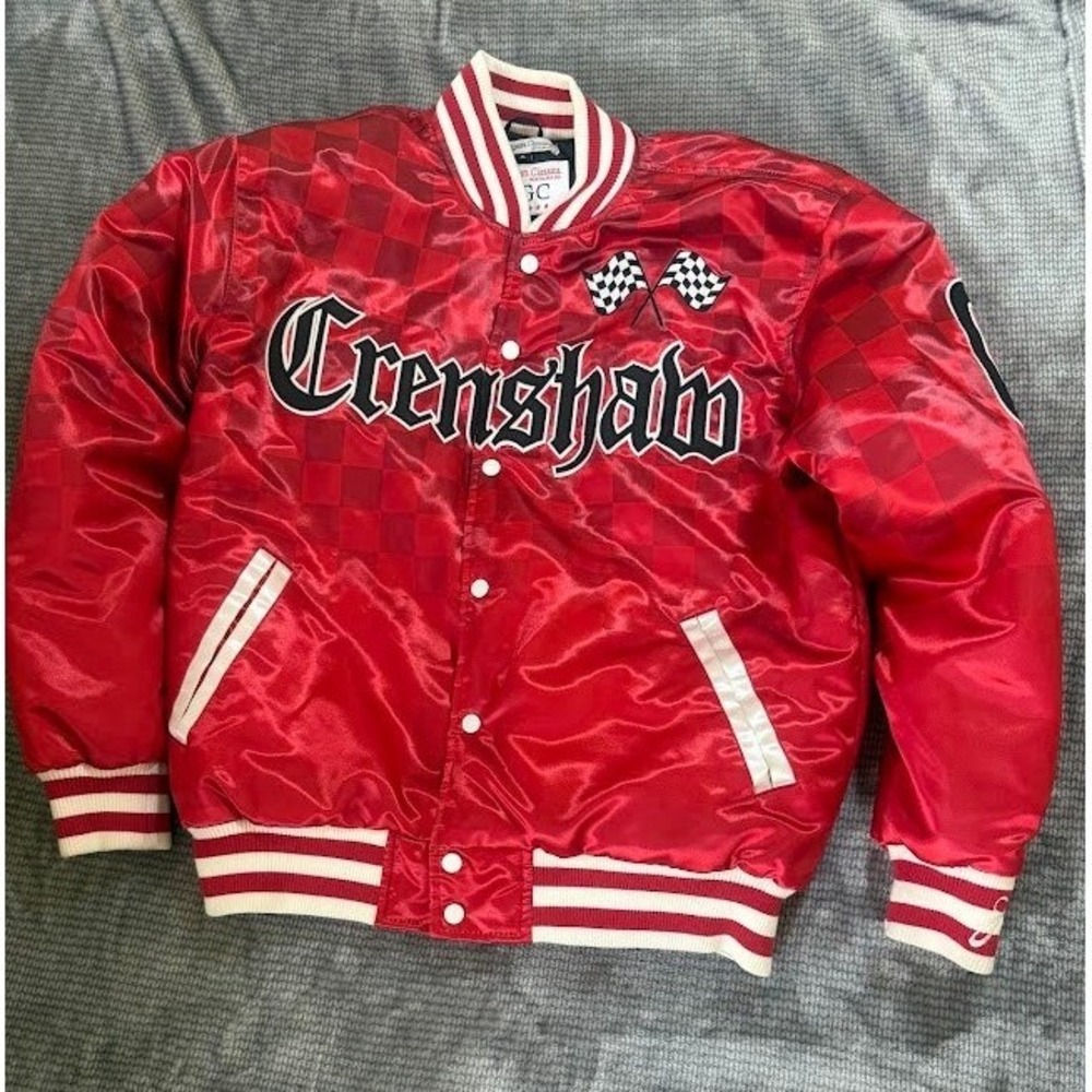 Hedgear Classics Nipsy Hustle Crenshaw Varsity Jacket Red Satin Checkerboard.